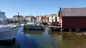 Skandinavien Schweden Bucht mit roten Häusern